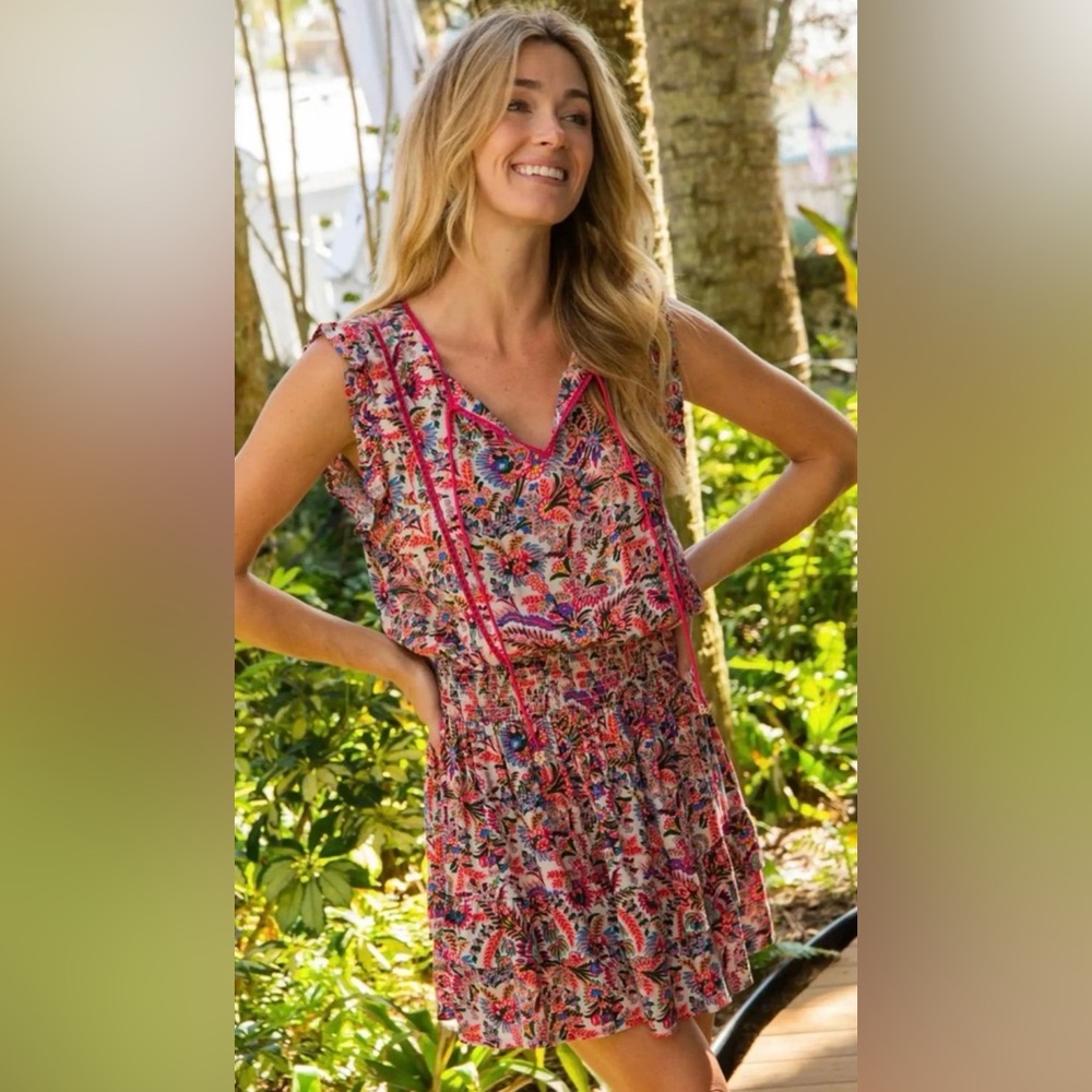 NATURAL LIFE Colorful Floral Lyla Smocked Mini Dress with multi-floral print XS